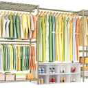 Ulif E10 Clothes RackWith Stretchable Hanger RodFreestanding Clothing Racks for Hanging ClothesAdjustable Closet Organizer SystemPortable Garment Rack 73-97"W x 15" D x 72" HMax Load 800LBSGold