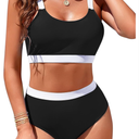 Womens High Waisted Bikini Sets Sporty Crop Top Color Block Swimwear Bandeau Scoop Neck Vintage Two Piece Bathing  L