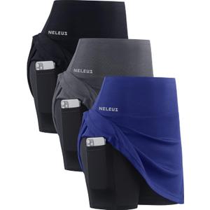 NELEUS Women's Lightweight Running Shorts Workout Athletic Short for Yoga with Pocket (XX-Large, Skirts: Black/Grey/Blue,3 Pack)
