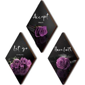 3 Pcs Purple Wall Decor Inspirational Rose Bathroom Decor Wooden Purple Wall Art Office Wall Decor with Accept Let Go Have Faith Sign for Girl Women Living Room Bedroom(12 x 7 Inch)