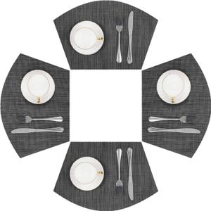 SHACOS Small Round Table Placemats Wedge Placemat Set of 4 Non Slip Heat Resistant Woven Vinyl Table Mats Wipe Clean Indoor Outdoor (4, Black Gray)