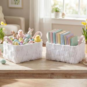 2 Pcs Rabbit Storage Baskets 14x10 Inch Cute Bunny Gift Basket Spring Laundry Foldable Fluffy Plush Storage Bin with Handle Decorative Closet Organizer for Home Office Car Countertop Tabletop