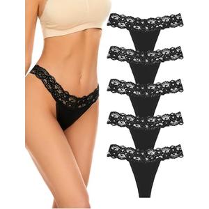 voenxe Seamless Thong for Women,No Show Lace Underwear,Ladies Breathable Comfort Panties Soft Laser Cut Undies,Tanga,5-Pack, S