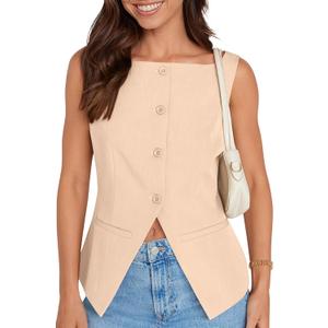UEU Women's Button Sleeveless Boat Neck Vest Tops Trendy Dressy Fashion Business Work Strapless Going Out Wedding Blazer Suit Waistcoat Outerwear Coat Apricot XL