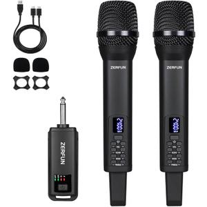 Dual Rechargeable Wireless Microphones, Pro Handheld Cordless Mics System with Echo Treble BASS VOL Control for Karaoke Singing Church Party, 1/4'' Output, Black