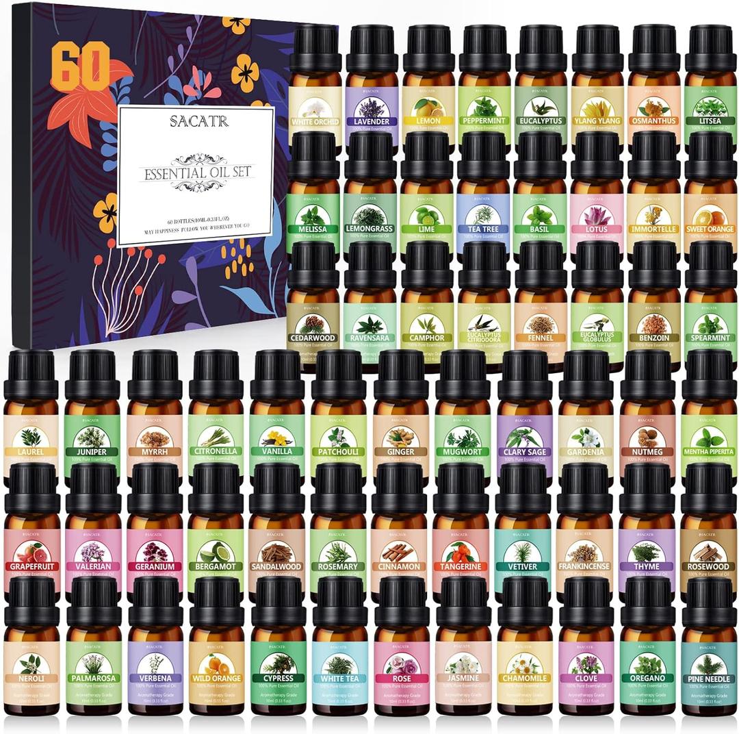 SACATR Essential Oil Set - Perfect for Diffuser, Massage, Soap, Candle, Bath Bombs Making, 60x10ml(0.33fl.oz)