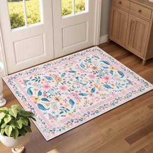 Terrug 2x3 Pink Floral Area Rug for Entryway,Boho Machine Washable Throw Rugs with Non-Slip Blacking for Kitchen,Small Flower Carpet for Bedroom Front Door Laundry Floor Decor