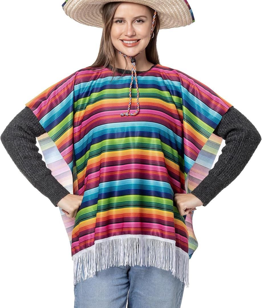 Lastclream Mexican Serape Poncho Costume for Women Cinco De Mayo Mexican Fiesta Ponchos for Adults (Only Poncho) (Colorful Adult Short Size)