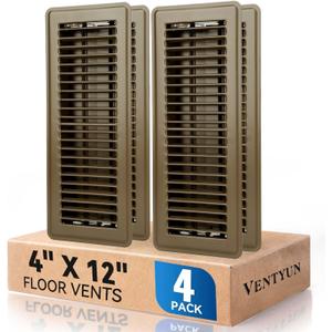 4" x 12" Floor Register Vent Covers 4-Pack, Walkable Powder-Coated Metal Vent Covers with Adjustable Airflow, Curved Safe Edges for Floor/Wall, Brown