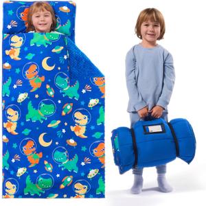 JOIEDOMI Toddler Nap Mat for Preschool 55''x30'' Sleeping Mat with Removable Pillow and Minky Blanket for Kids Ages 3-7 Roll Up Soft Kids Sleeping Bag for Boys Girls Kindergarten Daycare Sleepover (Dark Blue Dinosaur)