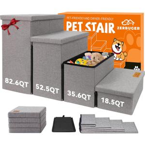 Dog Stairs with Storage 23" H, 4-Step Wider Dog Steps for High Beds Window, Folding Sturdy Pet Stairs Gift for Injured Old Dogs Cats, Ramp for Climbing Car Up to 200 lbs,(Gray, No Condo)