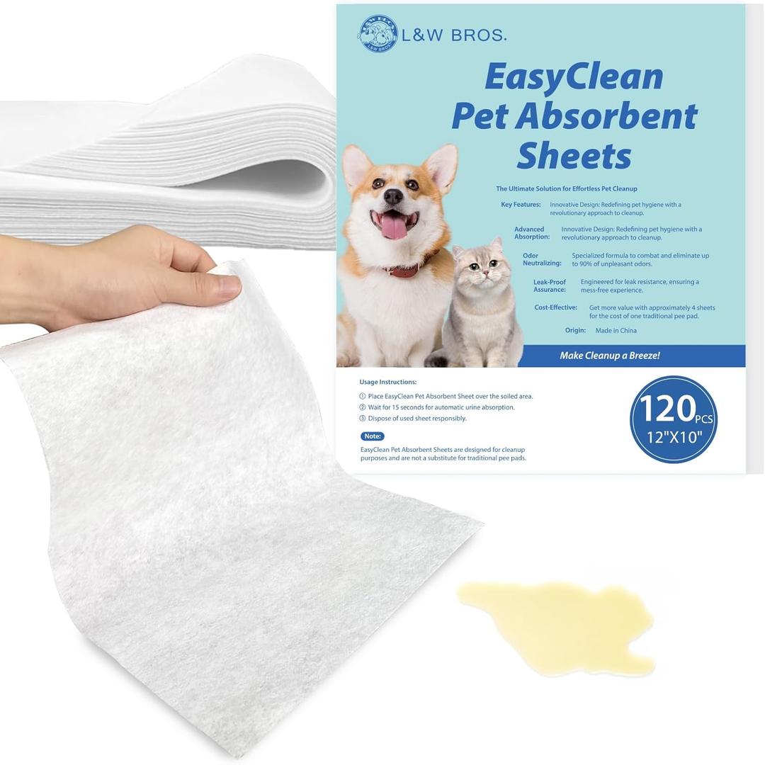 L&W BROS. Easy Clean Pet Quick Absorbent Sheets  Innovative Solution for Mess-Free Cleanup Not Traditional Pee Pads, 12"x10" for Urine and Pet Stain & Odor Remover (80 PCS)