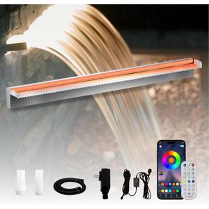 Pond Waterfall Spillway Stainless Steel Pool Fountain, APP Control LED Lighted Waterfalls Kit, Outdoor Water Flow Waterfalls Kit for Garden Patio Koi Pond Decoration-35.4"x7.8"x3.9"