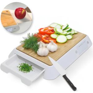 Boxiki Kitchen 3-in-1 Bamboo Cutting Board with Slide-Out Digital Food Scale & Storage Tray – A Multi-Functional Food Prep Station for Chopping, Organizing, and Weighing