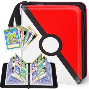 Card Binder 4 Pocket Zipper Collection Album, Premium PU Holder, Double-Sided Display for 400 Cards, Includes 5 Hard Plastic Sleeves for Game Cards, Sports Cards