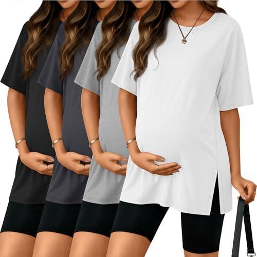 Riyiper 4 Pack Women's Maternity T Shirts, Short Sleeve Split Side Pregnancy Tee Loose Casual Crewneck Maternity Clothes Size XXL