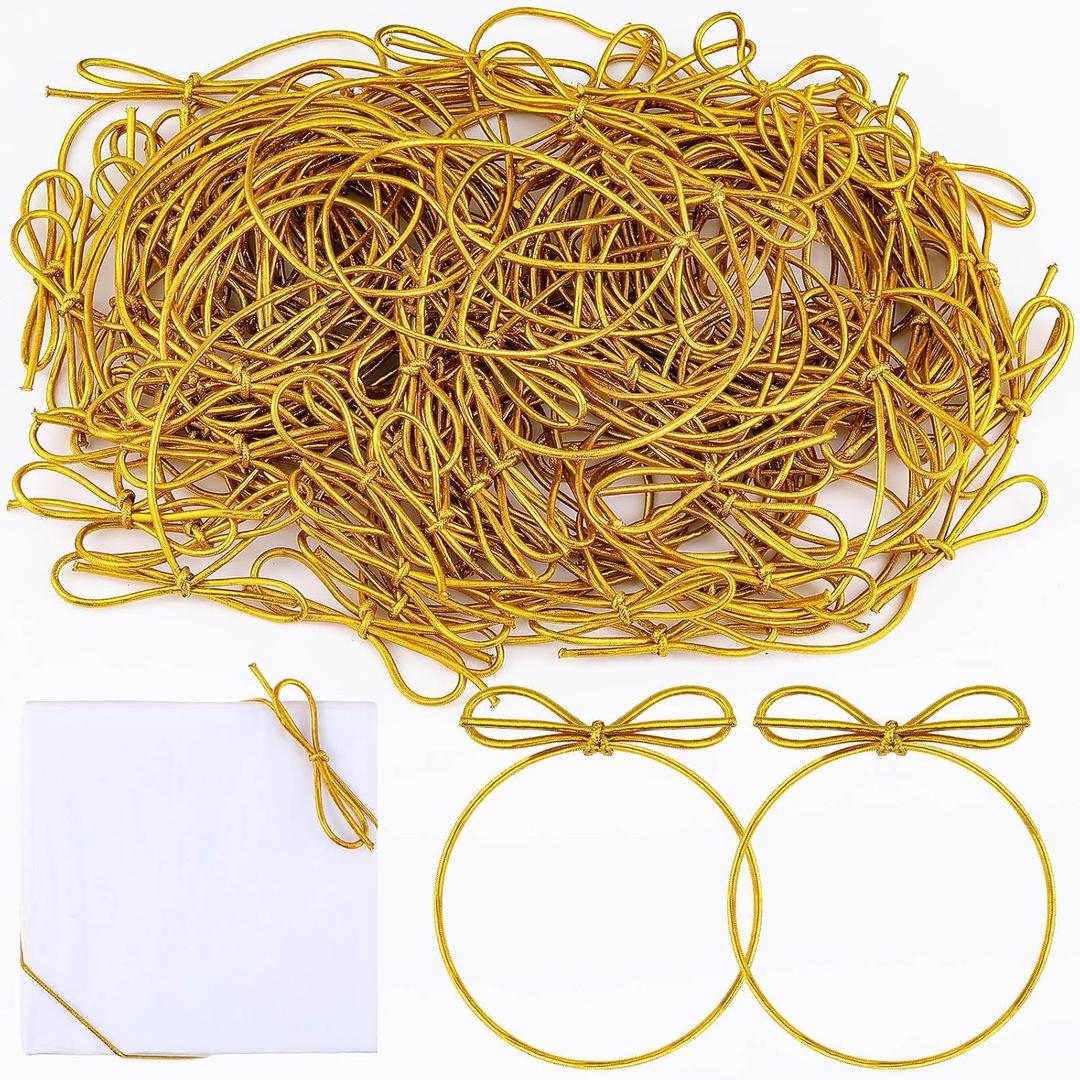 Vercraft 200 Pcs Gold Stretch Loops with Pre Tied Bows Metallic Elastic Ribbon String Elastic Cord for Gift Boxes Tags Gift Wrapping Crafts(10 Inch, Gold)