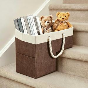 Stair Basket, 16 x 10 x 8 Inches Stair Basket for Stairs with Handle, Clothes Storage Bins, Foldable Staircase Storages Organizer, Versatile Sturdy Bag for Toys, Clothes, Books, Tools (Brown)