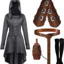 Suhine 5 Pcs Mardi Gras Renaissance Women Costume Medieval Hooded Robe Vintage Faux Leather Arm Pouch Belt (Medium, Grey)