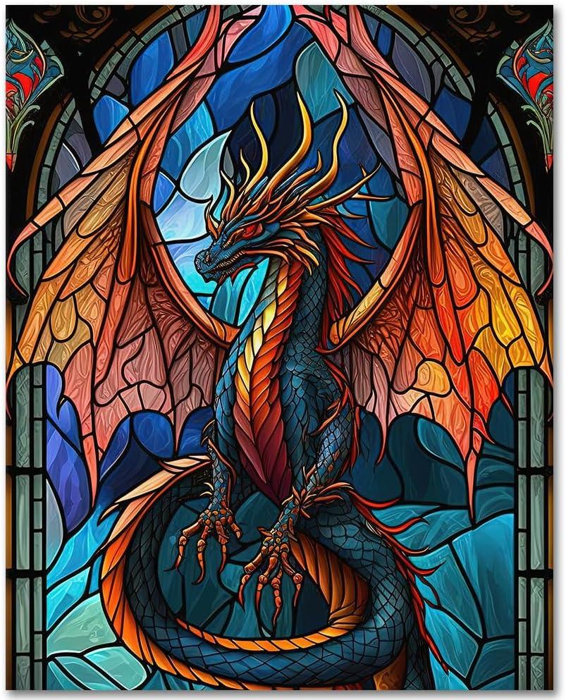 Paint by Numbers for Adults Colorful Dragon Paint by Numbers 16X20 Inch Flameless Stained Glass Window Style Painting by Number with Paint Brushes and Acrylic Pigment Oil Painting Adults Kits Gift