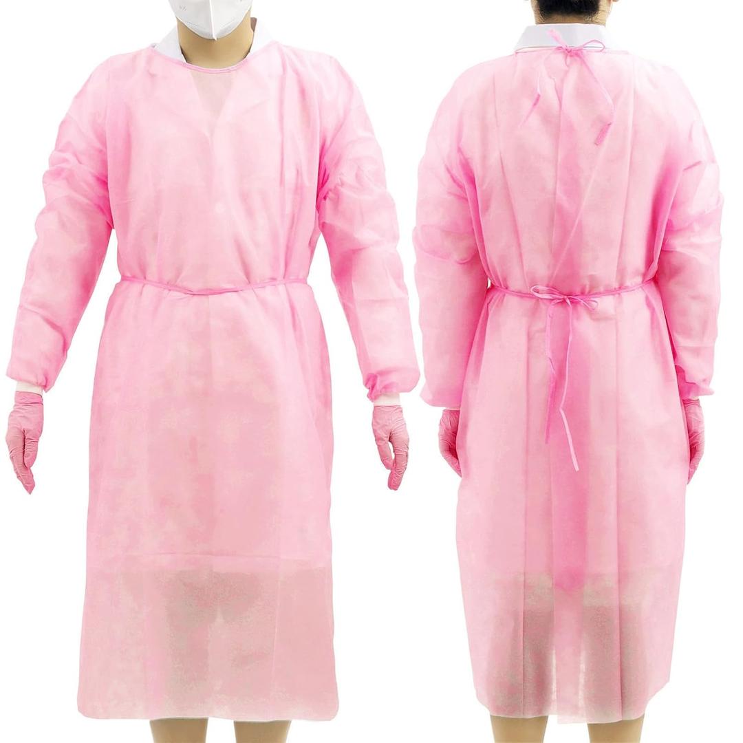 JMU 10 Pack Disposable Isolation Gowns Pink, Polypropylene Medical Gowns Long with Knitted Cuffs, Length 47.24" (One size)