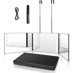 LED 360 Viewing Mirror for Hair Cutting and Styling, Adjustable Height Mirror with Lights for Grooming, Makeup and Shaving, Clear HD Glass, Portable for Bathroom or Travel (Black)