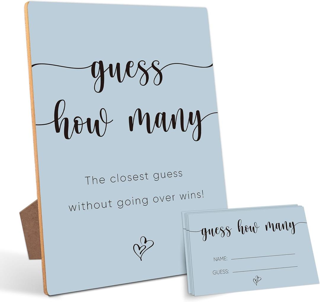 Guess How Many, Bridal Shower Games, Bridal Shower Decorations, Baby Shower Games, Birthday Party Decorations, Sprinkle Shower Game, 1 Wooden Play Sign with Stand and 50 Guess Cards Set Blue01