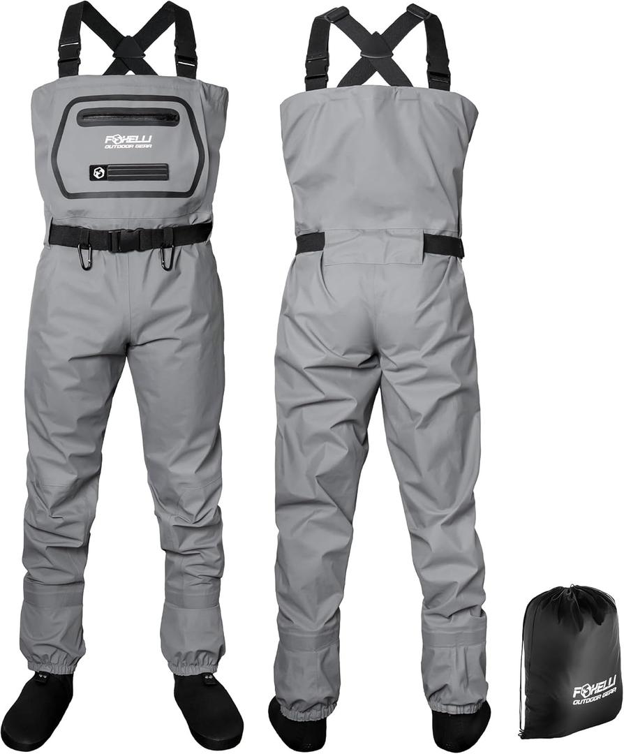 Foxelli Breathable Waders  Fly Fishing Stockingfoot Waders for Men and Women (Large, Grey)