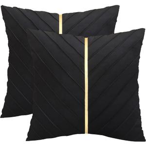 Tosleo Black Velvet Throw Pillow Covers 24x24 inch Pack of 2 with Gold Leather Decorative Couch Pillow Cover Luxury Modern Pillowcases for Living Room Bedroom Sofa Cushion Bed