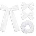 4 x 4 Pcs White Bows Set Accessories for Hair, White Scrunchie and Alligator Hair Clips Long Ponytail Bow Knot Linen Satin Hair Accessories for Women and Girls (3 Styles)