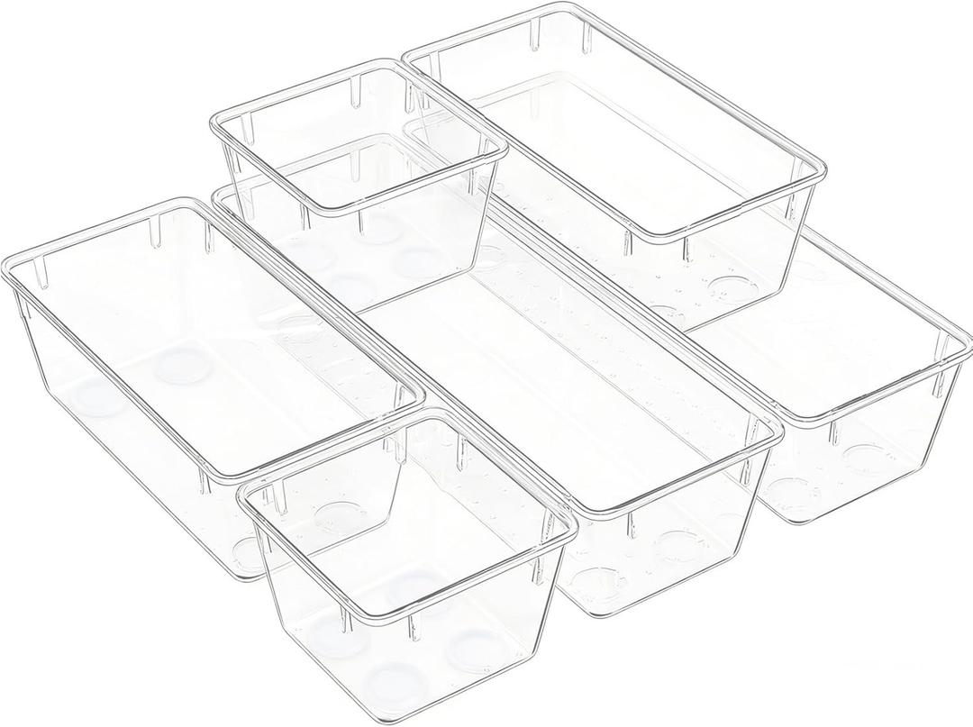 Clear Acrylic Drawer Organizer Trays, 5 Size Junk Box Organization Small Storage Container Bin for Desk Makeup Bathroom Vanity Kitchen Tool Make Up Workspace Home Dorm Apartment Office Room Nightstand