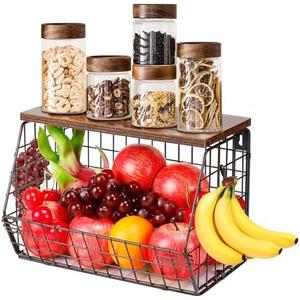 Livabber Fruit Basket for Kitchen, Metal Fruit Vegetable Storage Bin with 2 Banana Hangers, Countertop Wire Basket Organizer for Snack Potato Onion, Screw Mounted or Stand (Black, 1 Pack)