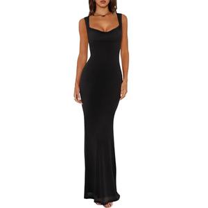 REORIA Women's Summer Cowl Neck Mesh Sleeveless Tank Dress Sexy Double Lined Bodycon Maxi Long Dresses Black Medium