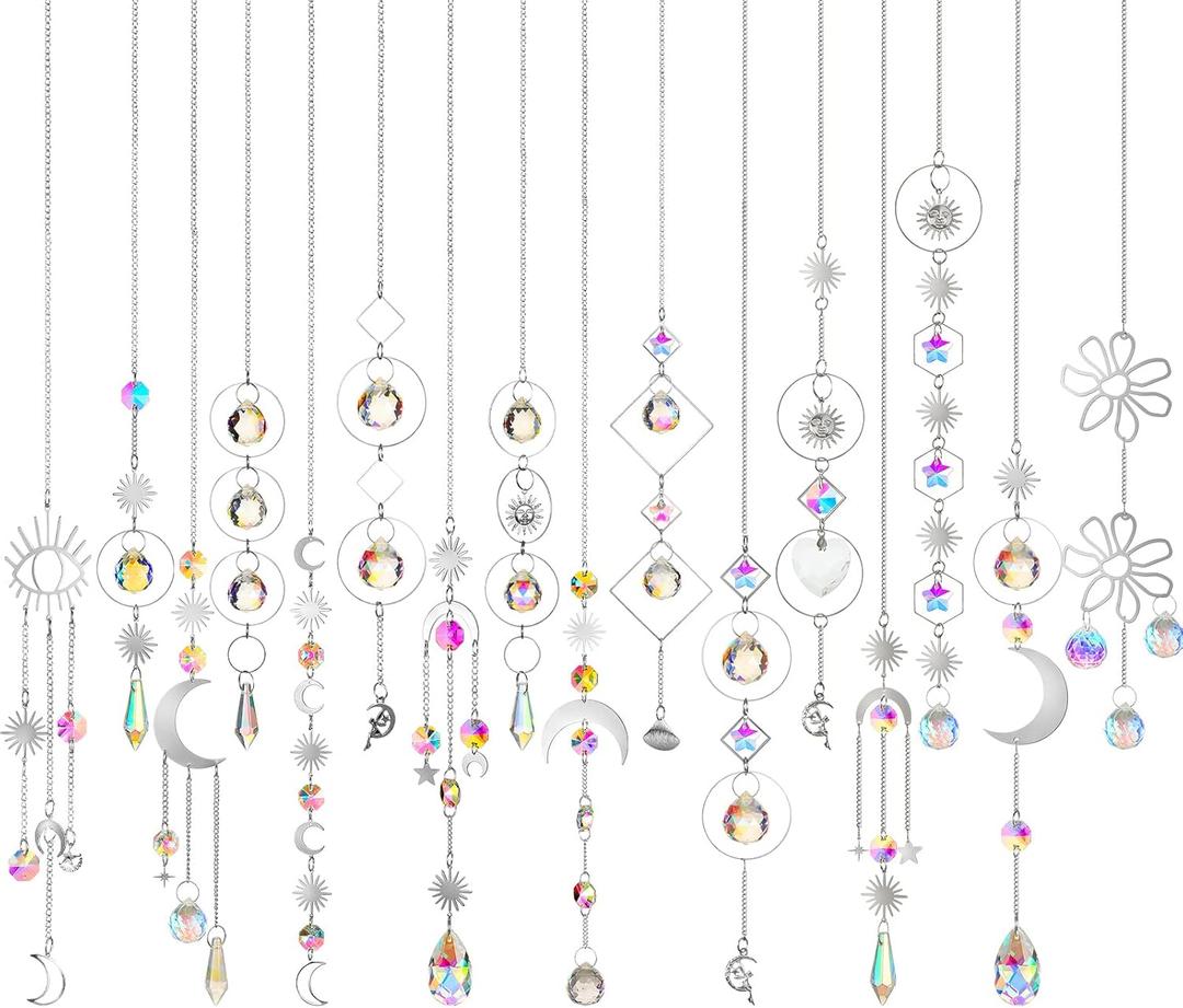 Ysleen 16 Pcs Crystals Suncatcher Colorful Hanging Sun Catcher for Window with Chain Pendant Ornament Prism for Garden Wedding Party Indoor Outdoor Decoration Gift(Silver)