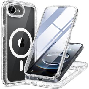 Miracase for iPhone 17e Case & iPhone 16e Case, Full-Body Phone with Built-in Glass Screen Protector, [Magnetic with MagSafe] Military Drop Proof 17 E/ 16 E Cover Bumper 6.1 inch, Clear Glitter
