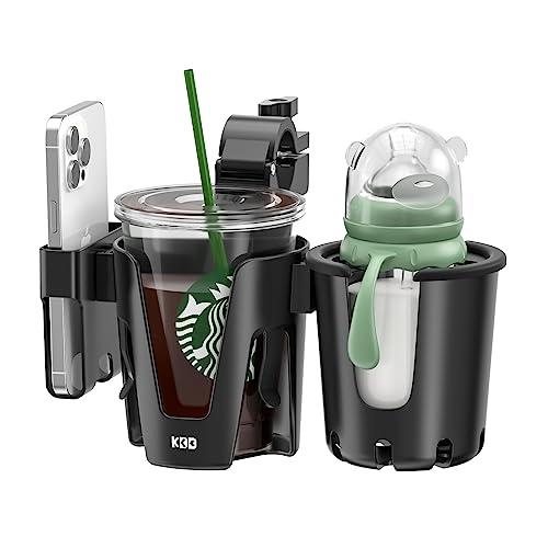 KDD Stroller Cup Holder with Phone Holder, 3-in-1 Removable Bottle Holder, 360 Degrees Rotation Drink Holder for Wheelchair, Stroller, Bike, Walker, Scooter, Bicycle, Uppababy, Bugaboo, Britax