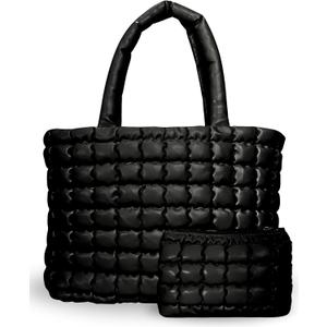 Citrusy Boutique The Cloud Tote Bag Set | Puffer Tote Bag with Insert Pouch | Quilted Tote Bag for Women | Shoulder Puffy Bag (Black),