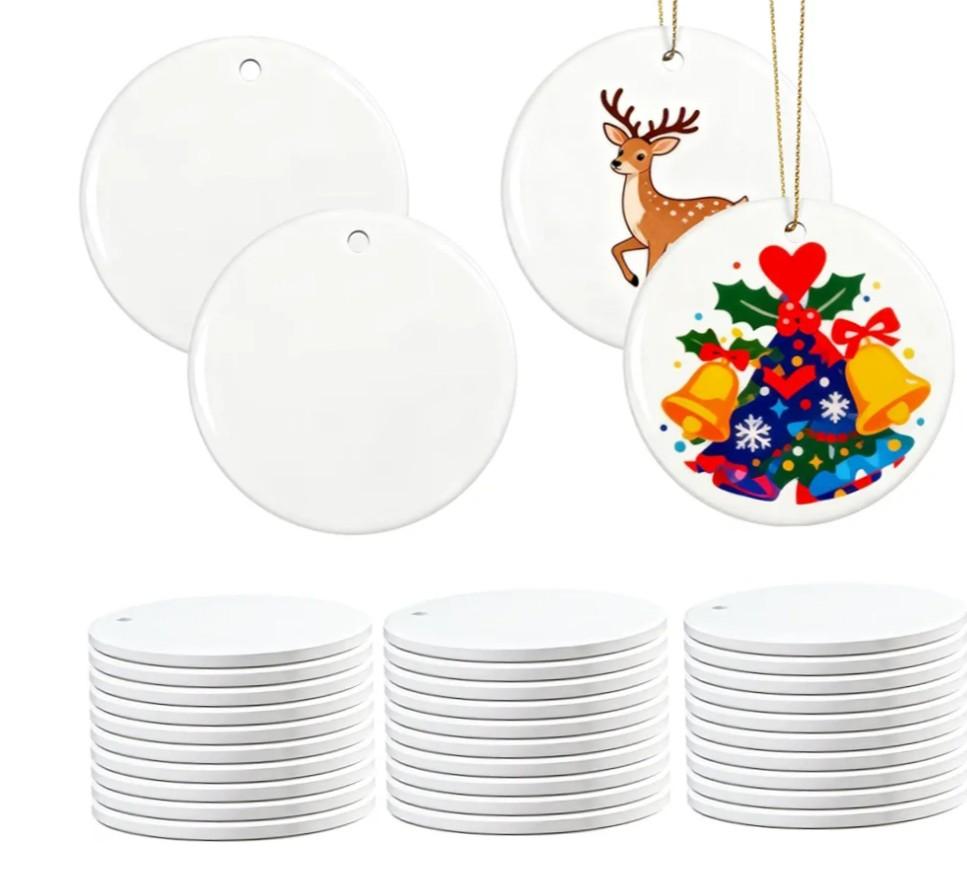 20 PCS Bulk Sublimation Blank Ceramic Ornaments - 3 Inch Round White Hanging Ornaments with Gold String for DIY Heat Transfer Crafting, Personalized Home Decor