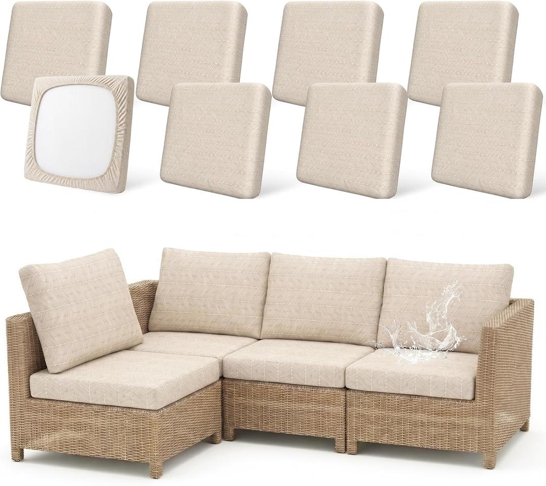 8 Pack Outdoor Cushion Covers Water Resistant High Stretch Fit Patio Cushion Covers 180g Couch Seat Slipcovers Machine Washable Pet & Kids Friendly Home Refresh 20-27 Inch, Beige
