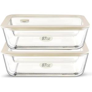 Urban Green Glass Food Container Set with Glass Lid, Large Meal Prep Container Set, Airtight Food Storage Containers with Air Vent Lid, 2 Pack, Large, 87oz, LeakProof, 100% Plastic Free, White color,