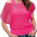 Women Casual Sexy 80s Costumes Fishnet Neon Off Shoulder T-Shirt Two Pieces, S
