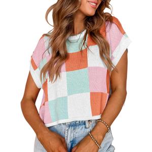 Saodimallsu Womens Cap Sleeve Crop Tops Summer Color Block Going Out Crew Neck Knit Trendy Casual Sweater (Small)