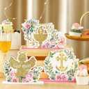 Suzile 6 Pcs First Communion Wooden Decorations Baptism God Bless Centerpiece Floral Baptism Decor for Christening Baby Shower First Communion Religious Birthday Party Supplies(Gold, Pink)