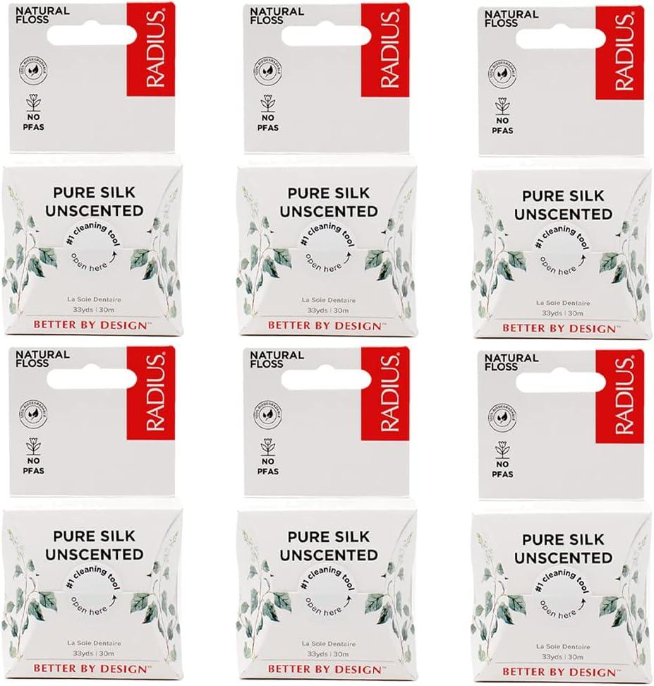RADIUS Dental Floss, Natural Floss, Unscented Silk, 33 Yards, Compostable & Non-Toxic Oral Care Designed to Help Fight Plaque, Pack of 6