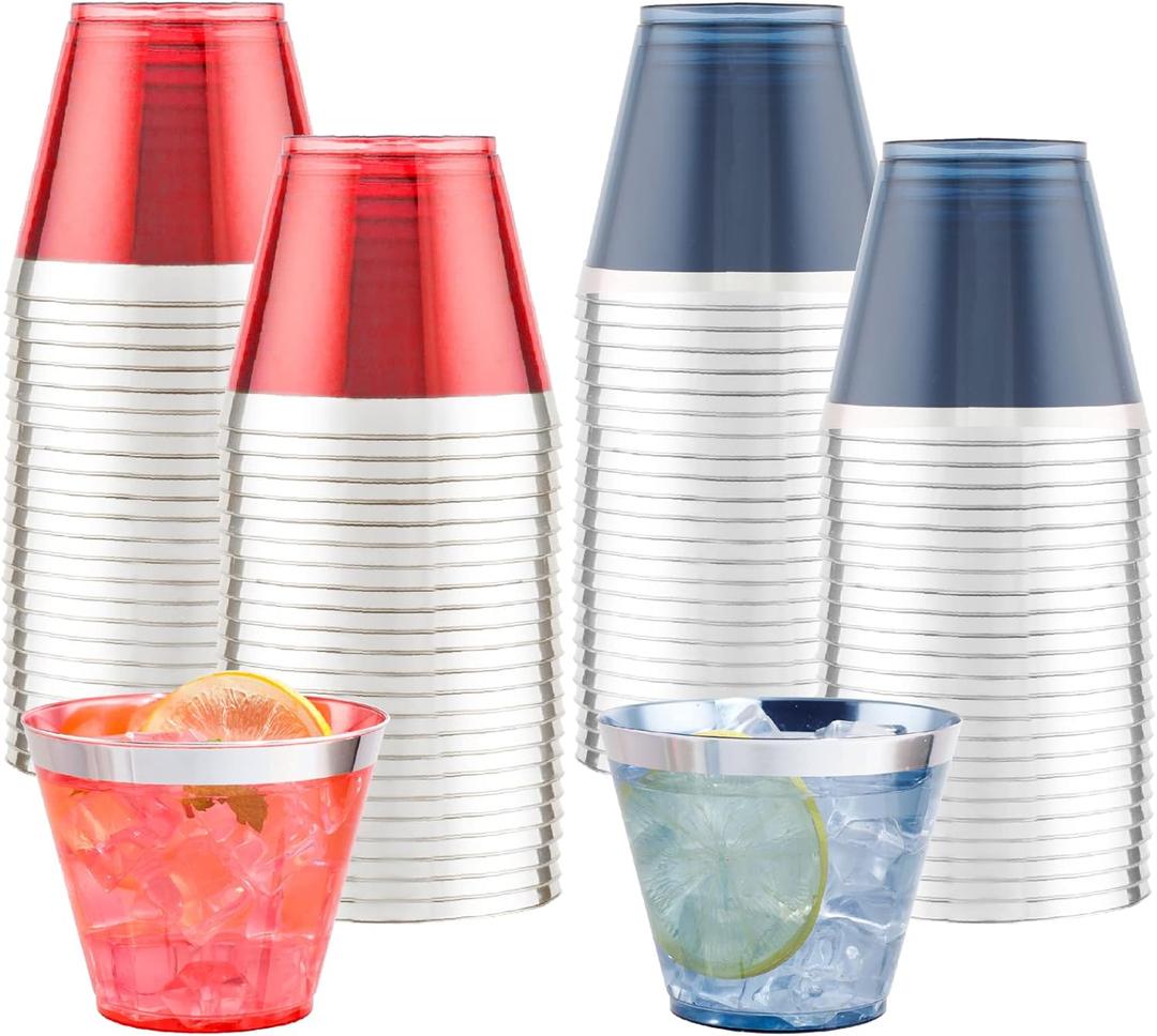 LIYH 100 Pcs 9 oz Red and Blue Disposable Plastic Cups, 4th of July Plastic Wine Glasses for Celebrate, 4th of July Disposable Party Cups for Independence Memorial Veterans Day 50 Each