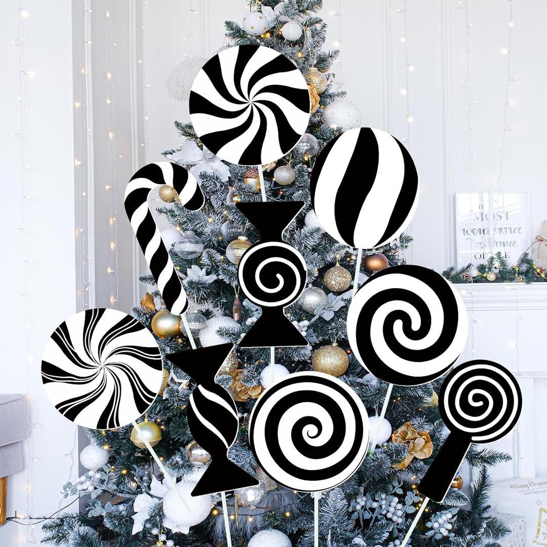 Jenaai 9 Pcs Black and White Christmas Decorations Indoor Large Candy Christmas Tree Picks Double Sided Peppermint Lollipop Ornaments for Xmas Tree Topper Party Supplies Home School Office Vase Decor