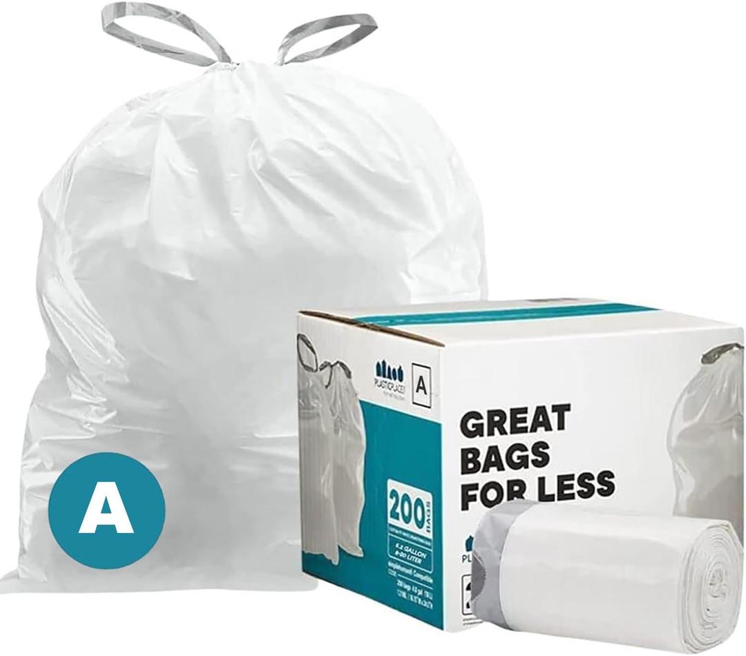 Plasticplace Trash Bags | Compatible with Simplehuman (x) Code A | (200 Count)White Drawstring Garbage Liners 1.2 Gallon / 4.5 Liter  11.5" x 15.5"