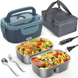 Electric Lunch Box for Men/Women 80W Heated Lunch Box for Adults, 12V 24V 110V 220V Portable Food Warmer LunchBox Lonchera Elctrica Porttil with 2 Stainless Steel Containers Christmas Gift