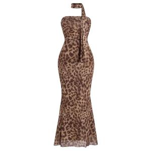 Milumia Women's Leopard Print Strapless Bodycon Maxi Dress Mesh Long Tube Top Dress, (XS, Brown)