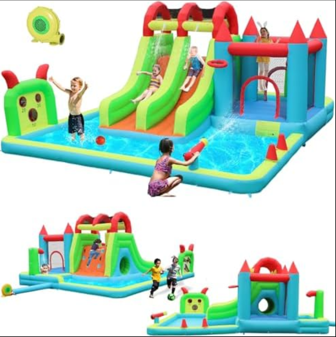 HIJOFUN Inflatable Water Slide Park 18x15FT Mega Water Park Bounce House w/Double Waterslide Large Splash Pool, Deep Pool, Shower,Water Cannon,Climbing Wall and Jumping w for Backyard Outdoor